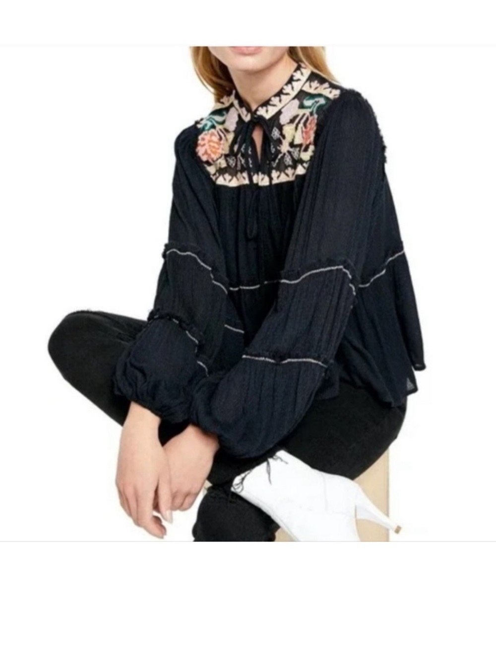 Free People Embroidered  Black Peasant Blouse